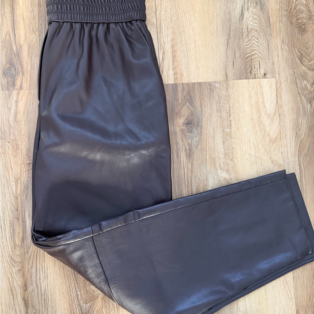 SUNCOO Dark Brown Faux Leather Pants
